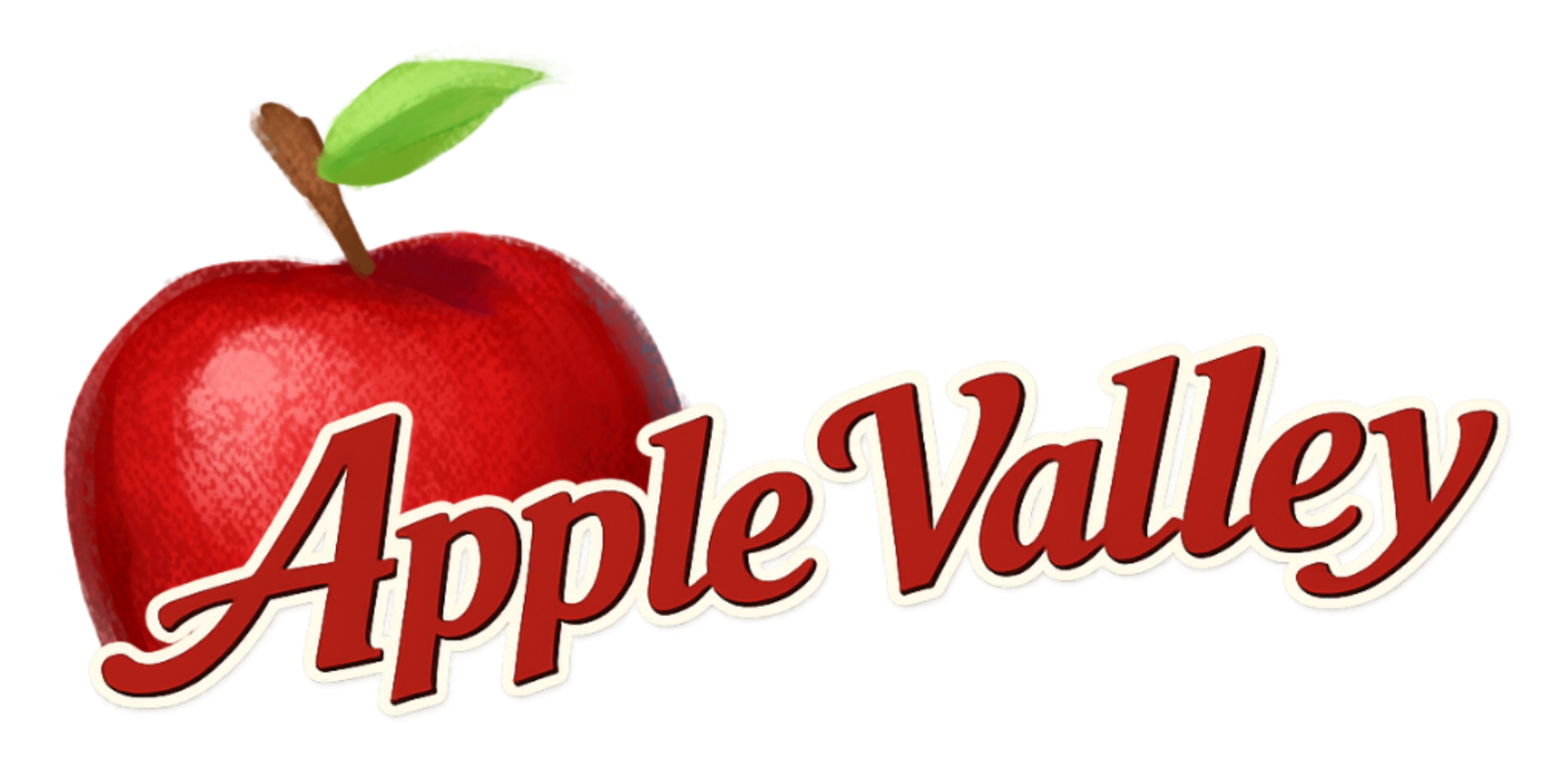 An apple with a green leaf on top and the words "Apple Valley Restaurant" in red and white text.
