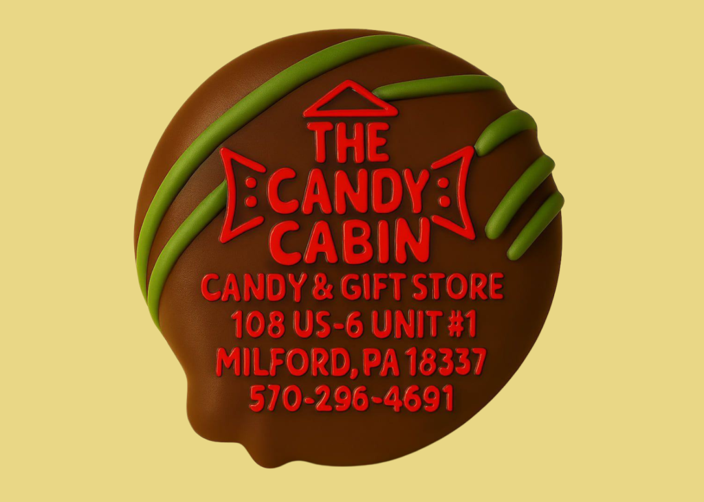 A chocolate candy with green stripes, featuring red text that reads "THE CANDY CABIN" and "CANDY & GIFT STORE 108 US-6 UNIT #1 MILFORD, PA 18337 570-296-4691".