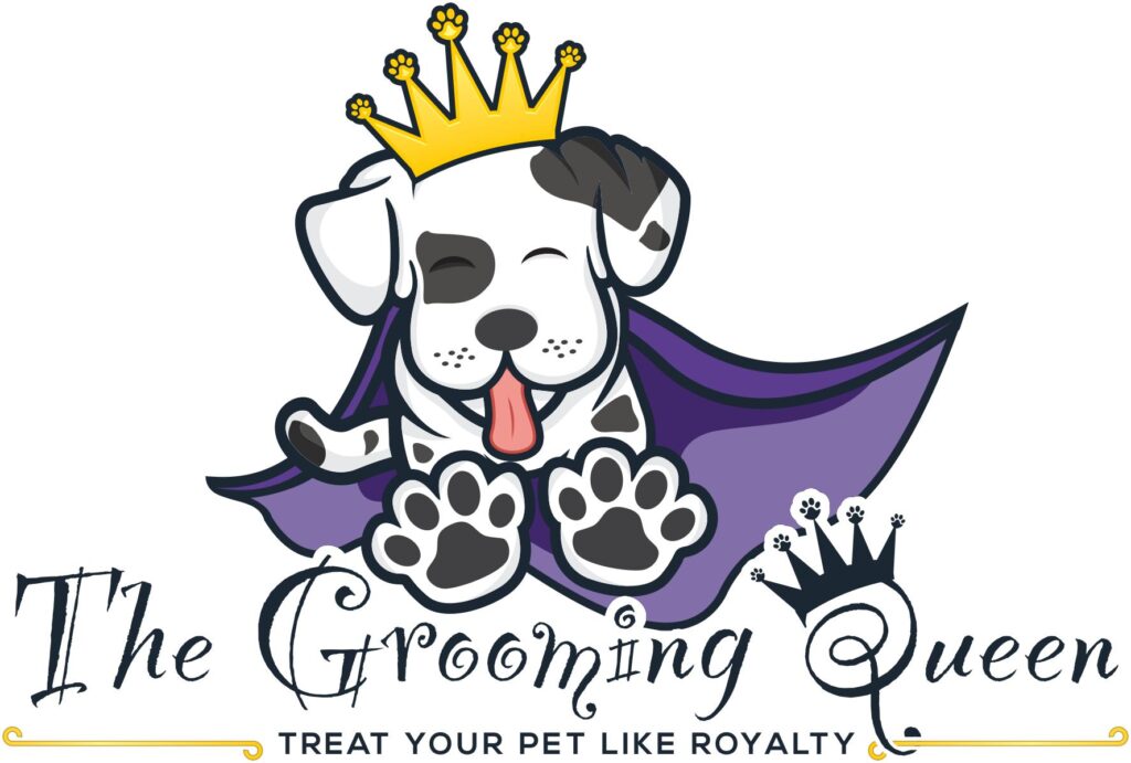 A cartoon dog wearing a purple cape and gold crown, with the words "The Grooming Queen" in black text below.