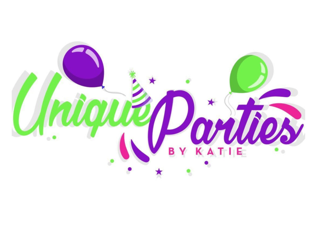The image features a logo for "Unique Parties by Katie" with a white background and colorful text. The logo includes two balloons, one purple and one green, with a party hat between them. The text is in a playful, cursive font, with "Unique" in green, "Parties" in purple, and "BY KATIE" in pink. The overall design suggests a fun and festive atmosphere, likely intended for a children's birthday party or other celebration.